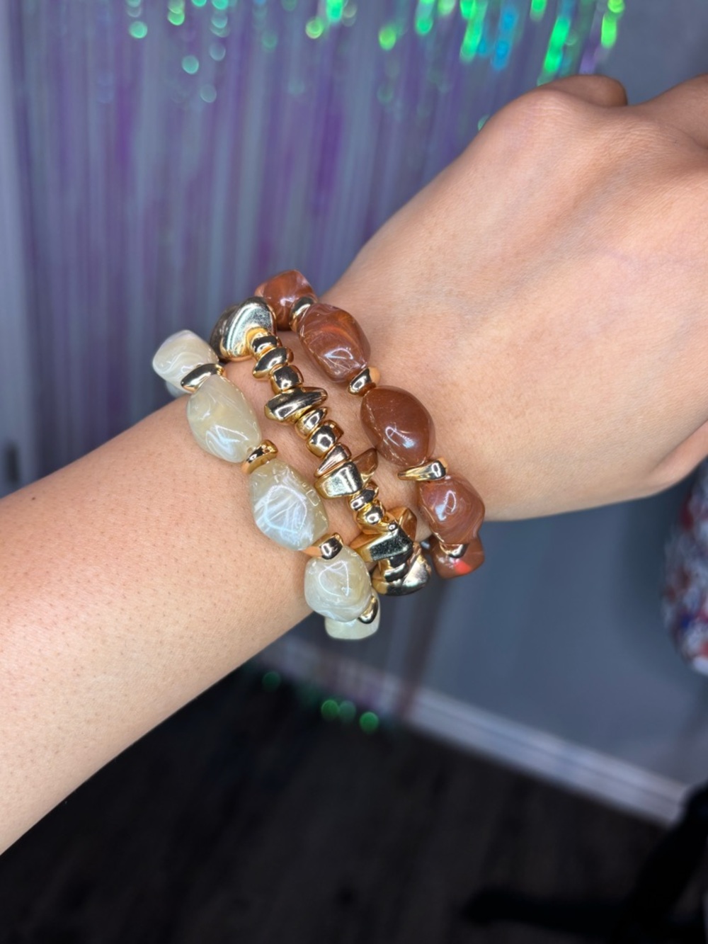 Handcrafted Beige & Brown Stone Bead Stretch Bracelet Set Great Neutral Piece